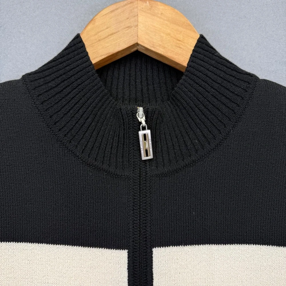 St John Wool Rayon Full Zip Mock‎ Neck Geometric Sweater Black Tan Medium READ